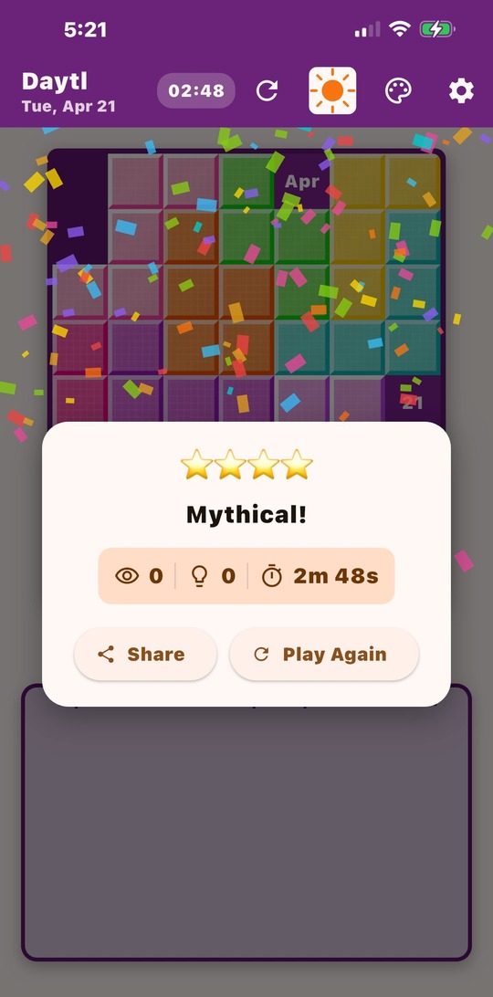 Daytl on iPhone, showing a Mythical 4-star win for April 21 with celebratory confetti.